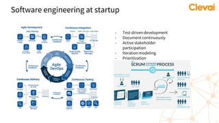 Software engineering at startup
- Test-driven development
- Document continuously
- Active stakeholder
participation
- Iteration modeling
- Prioritization
 