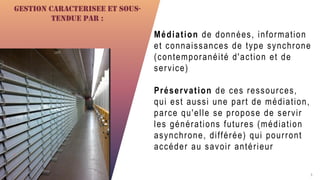 FABRIKAM 3
Médiation de données, information
et connaissances de type synchrone
(contemporanéité d'action et de
service)
Préservation de ces ressources,
qui est aussi une part de médiation,
parce qu'elle se propose de servir
les générations futures (médiation
asynchrone, différée) qui pourront
accéder au savoir antérieur
Gestion caracterisee et sous-
tendue par :
 