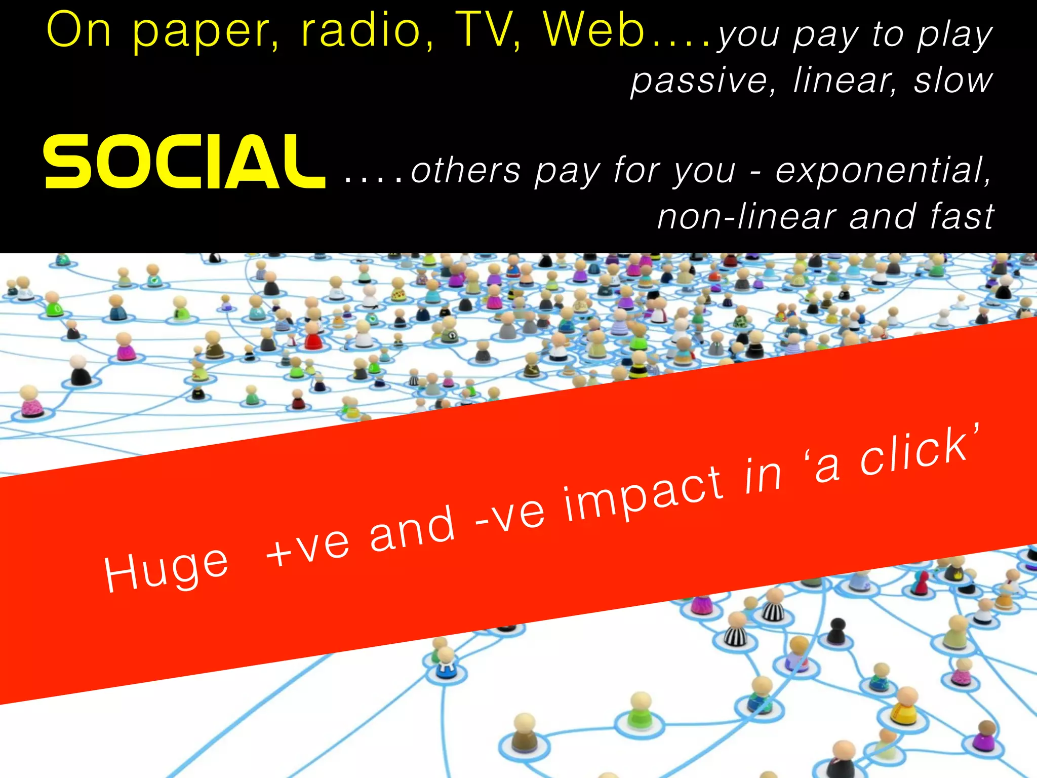 On paper, radio, TV, Web….you pay to play
passive, linear, slow
social….others pay for you - exponential,
non-linear and fast
Huge +ve and -ve impact in ‘a click’
 