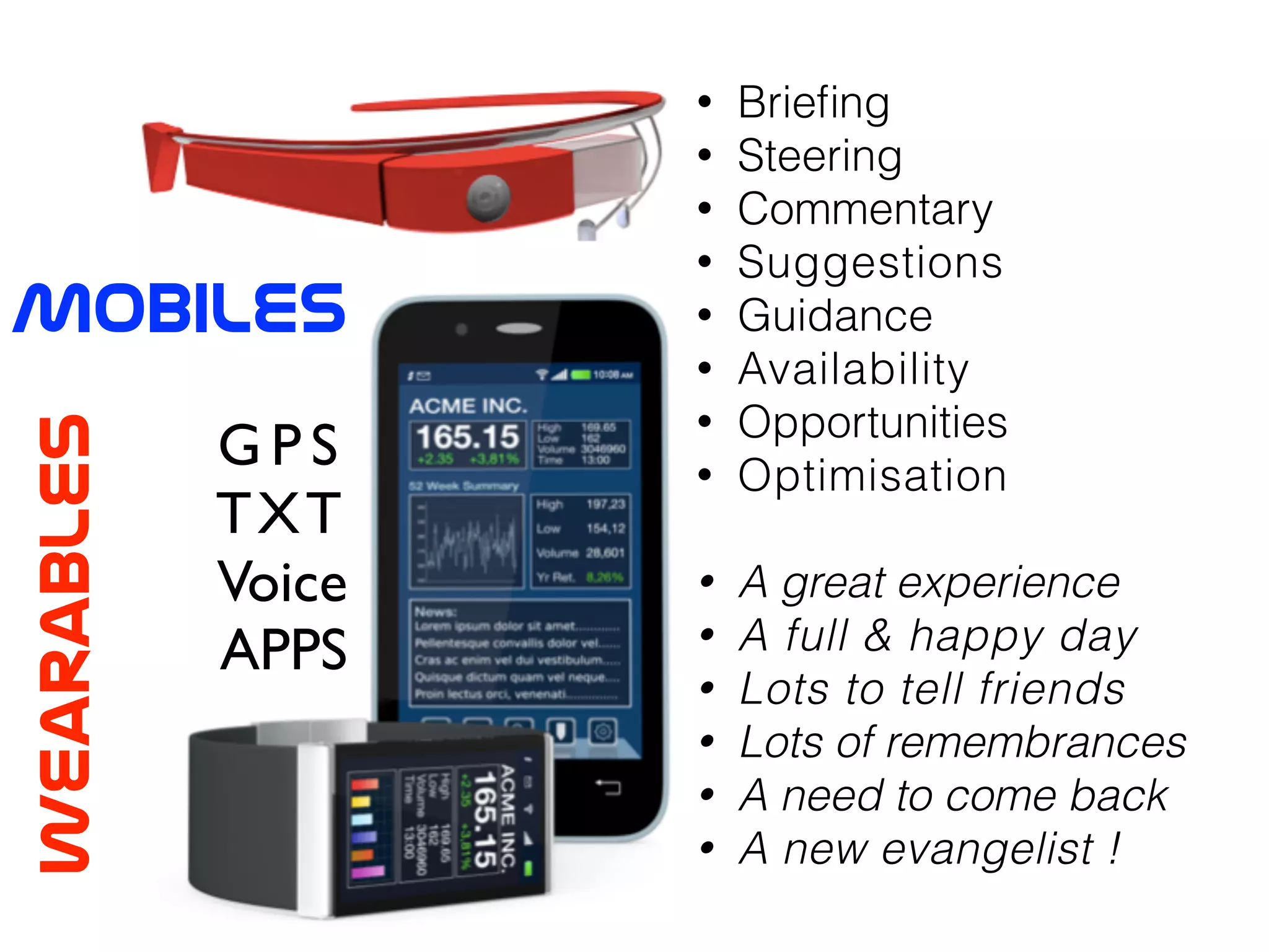 MobileS
wearableS
G P S 	

TXT	

Voice	

APPS
• Brieﬁng
• Steering
• Commentary
• Suggestions
• Guidance
• Availability
• Opportunities
• Optimisation
!
• A great experience
• A full & happy day
• Lots to tell friends
• Lots of remembrances
• A need to come back
• A new evangelist !
 
