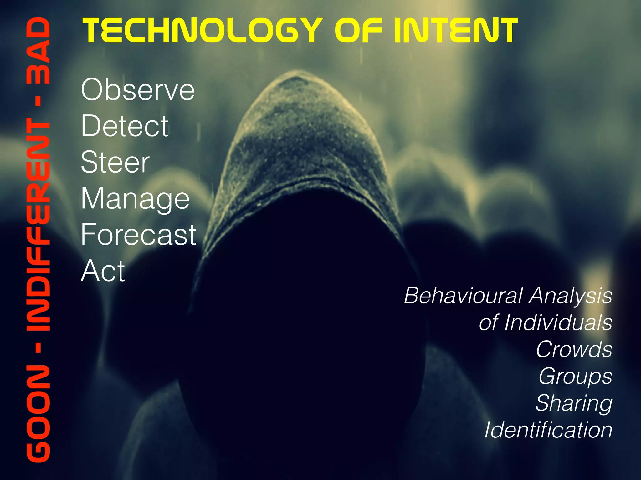 Technology  of  intentGoon  -  indifferent  -  Bad
Observe
Detect
Steer
Manage
Forecast
Act
Behavioural Analysis
of Individuals
Crowds
Groups
Sharing
Identiﬁcation
 