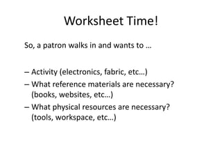 Worksheet Time!
So, a patron walks in and wants to …
– Activity (electronics, fabric, etc…)
– What reference materials are necessary?
(books, websites, etc…)
– What physical resources are necessary?
(tools, workspace, etc…)

 