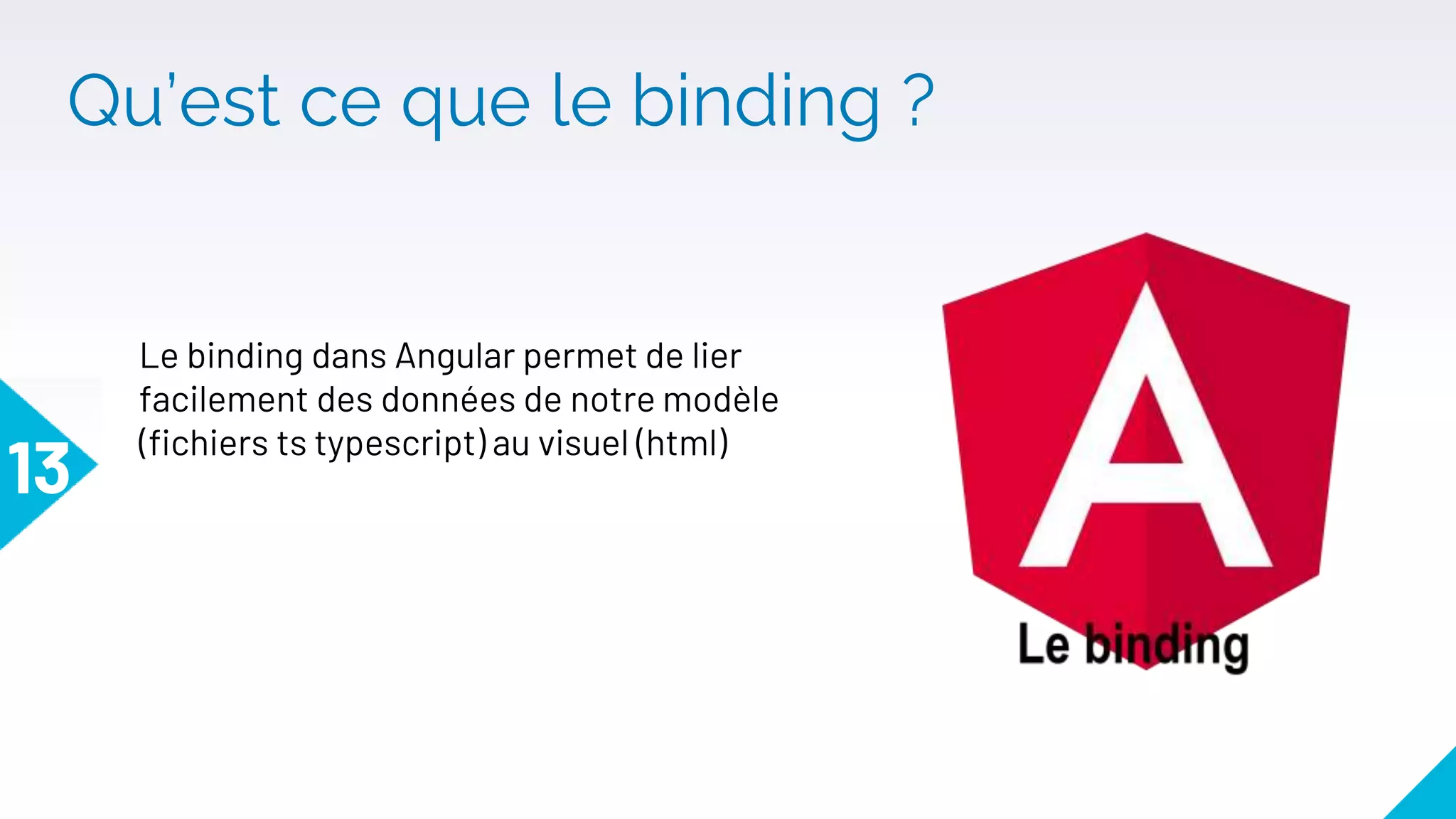 Qu’est ce que le binding ?
13
Le binding dans Angular permet de lier
facilement des données de notre modèle
(fichiers ts typescript) au visuel (html)
 