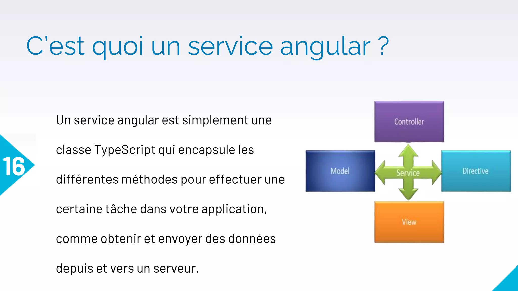 C’est quoi un service angular ?
16
Un service angular est simplement une
classe TypeScript qui encapsule les
différentes méthodes pour effectuer une
certaine tâche dans votre application,
comme obtenir et envoyer des données
depuis et vers un serveur.
 