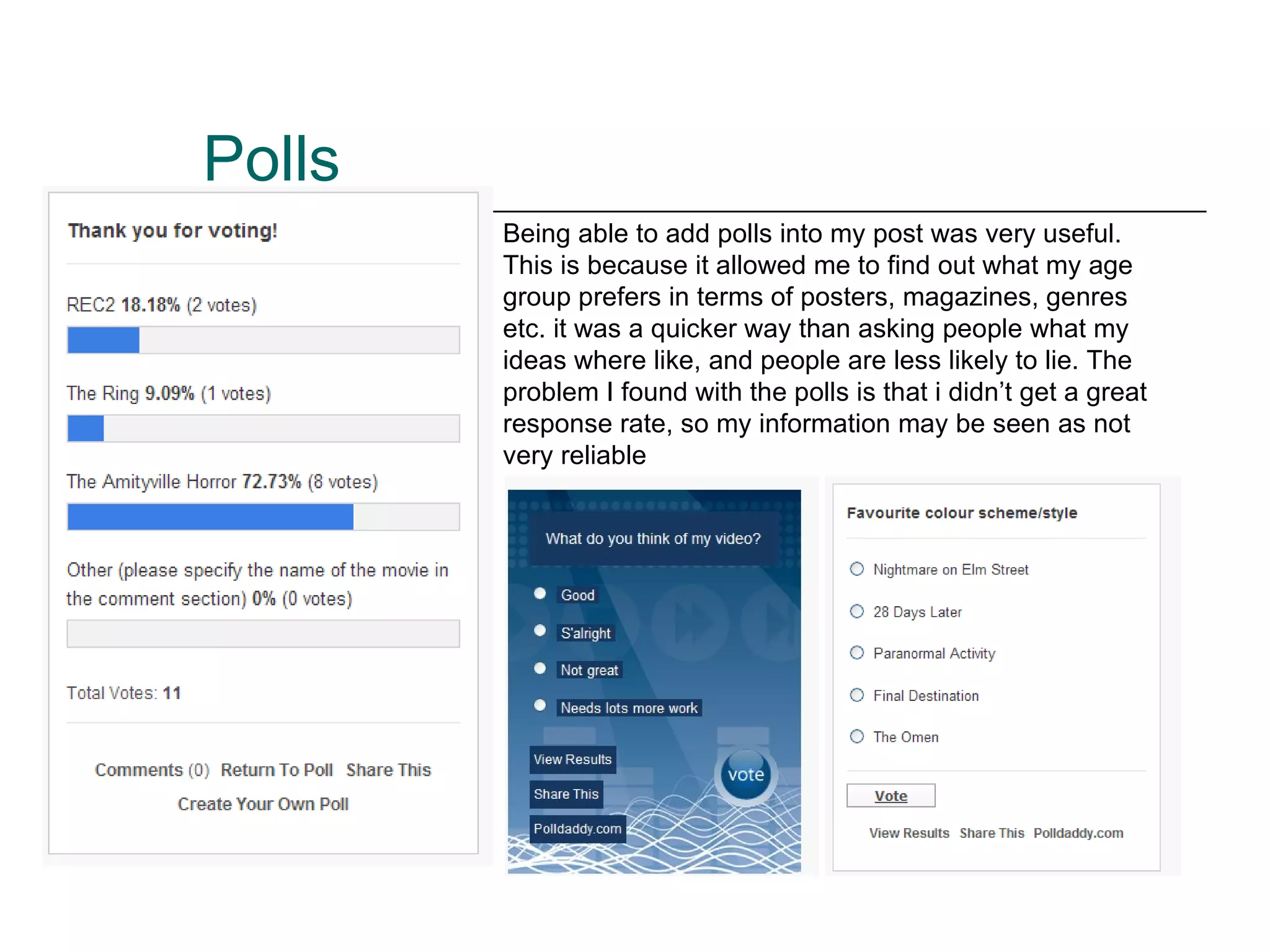 Polls Being able to add polls into my post was very useful. This is because it allowed me to find out what my age group prefers in terms of posters, magazines, genres etc. it was a quicker way than asking people what my ideas where like, and people are less likely to lie. The problem I found with the polls is that i didn’t get a great response rate, so my information may be seen as not very reliable 