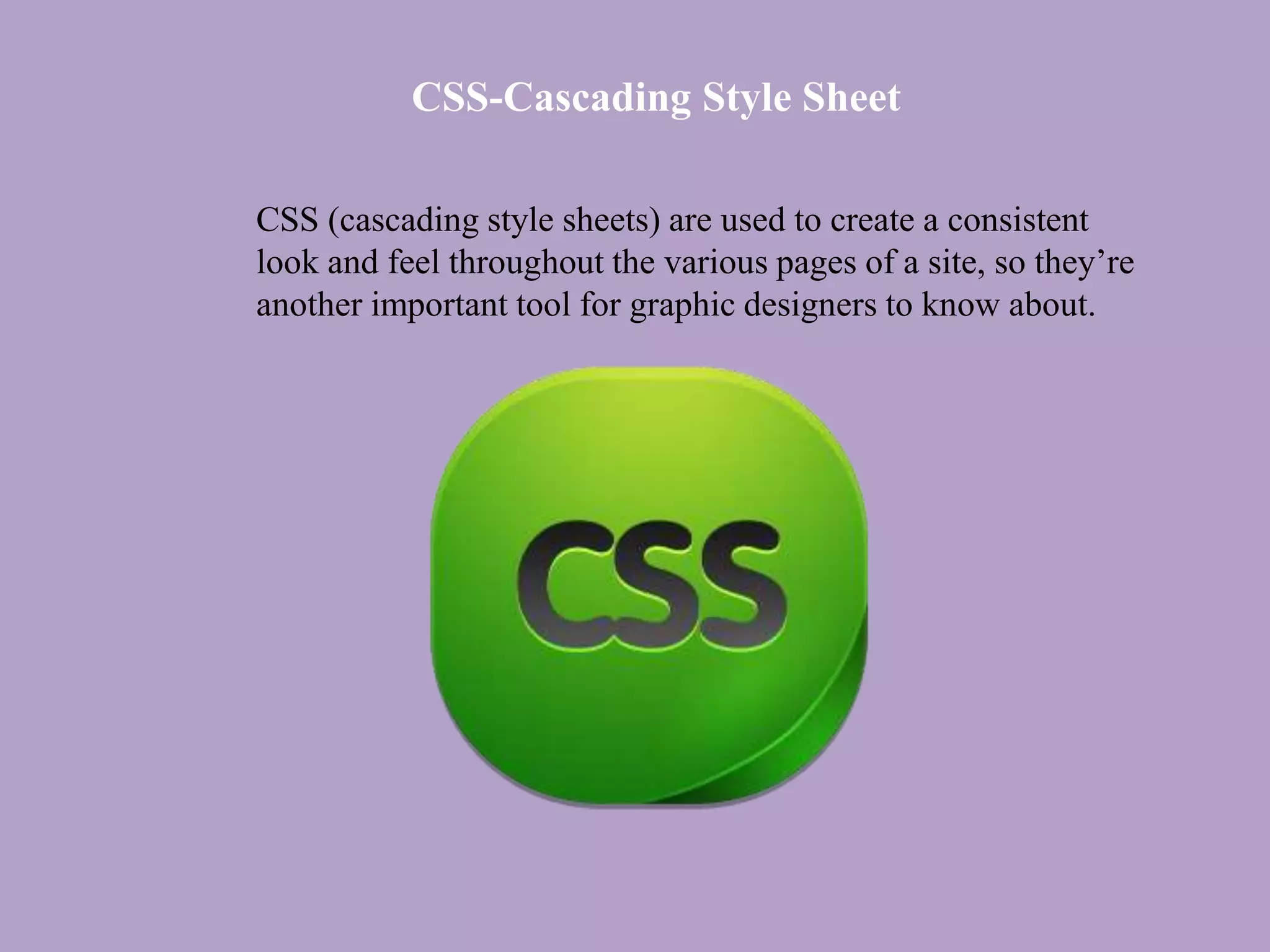 CSS-Cascading Style Sheet
CSS (cascading style sheets) are used to create a consistent
look and feel throughout the various pages of a site, so they’re
another important tool for graphic designers to know about.
 