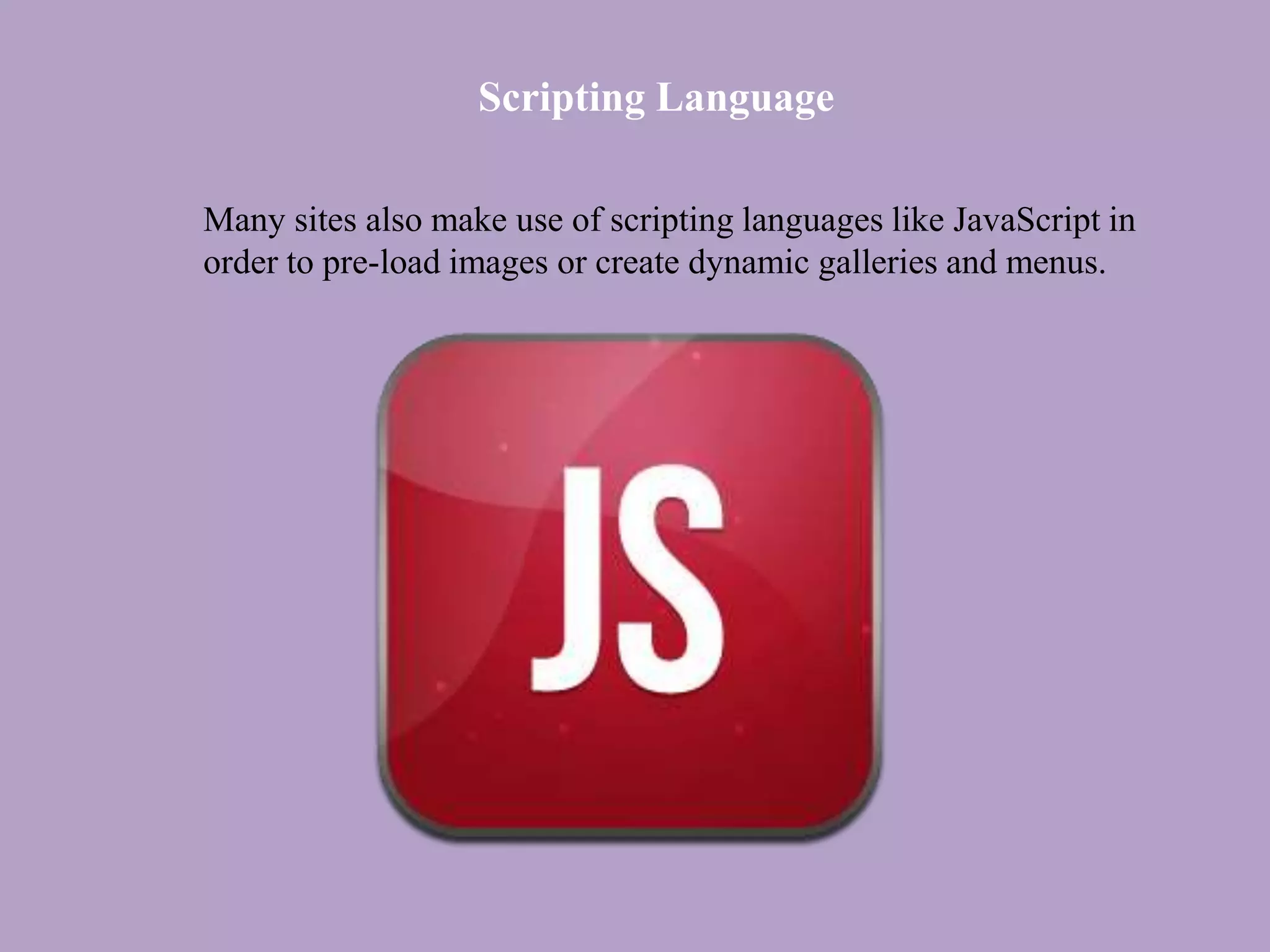 Scripting Language
Many sites also make use of scripting languages like JavaScript in
order to pre-load images or create dynamic galleries and menus.
 