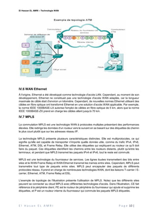 El Hassan EL AMRI – Technologie WAN
E l H a s a n E L A M R I P a g e 10 |
IV.6 WAN Ethernet
À l'origine, Ethernet a été développé comme technologie d'accès LAN. Cependant, au moment de son
développement, Ethernet ne constituait pas une technologie d'accès WAN adaptée, car la longueur
maximale de câble était d'environ un kilomètre. Cependant, de nouvelles normes Ethernet utilisant des
câbles en fibre optique ont transformé Ethernet en une solution d'accès WAN applicable. Par exemple,
la norme IEEE 1000BASE-LX autorise l'emploi de câbles en fibre optique de 5 km, alors que la norme
IEEE 1000BASE-ZX prend en charge les câbles allant jusqu'à 70 km.
IV.7 MPLS
La commutation MPLS est une technologie WAN à protocoles multiples présentant des performances
élevées. Elle redirige les données d'un routeur vers le suivant en se basant sur des étiquettes de chemin
le plus court plutôt que sur les adresses réseau IP.
La technologie MPLS présente plusieurs caractéristiques distinctes. Elle est multiprotocoles, ce qui
signifie qu'elle est capable de transporter n'importe quelle donnée utile, comme du trafic IPv4, IPv6,
Ethernet, ATM, DSL et Frame Relay. Elle utilise des étiquettes qui expliquent au routeur ce qu'il doit
faire du paquet. Ces étiquettes identifient les chemins entre les routeurs distants, plutôt qu'entre les
terminaux, et pendant que MPLS transmet les paquets IPv4 et IPv6, tout le reste est commuté.
MPLS est une technologie du fournisseur de services. Les lignes louées transmettent des bits entre
sites et le WAN Frame Relay et WAN Ethernet transmet les trames entre sites. Cependant, MPLS peut
transmettre tout type de paquets entre sites. MPLS peut encapsuler des paquets de différents
protocoles réseau. Il prend en charge de nombreuses technologies WAN, dont les liaisons T-carrier / E-
carrier, Ethernet, ATM, Frame Relay et DSL.
L'exemple de topologie de l'illustration présente l'utilisation de MPLS. Notez que les différents sites
peuvent se connecter au cloud MPLS avec différentes technologies d'accès. Dans l'illustration, CE fait
référence à la périphérie client, PE est le routeur de périphérie du fournisseur qui ajoute et supprime les
étiquettes, et P est un routeur interne du fournisseur qui commute les paquets MPLS étiquetés.
 