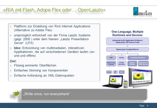 Einsatz von RIA-/Frontendtechnologien - 18.01.2008 „ Write once, run everywhere“ »RIA mit Flash, Adope Flex oder… OpenLaszlo« 