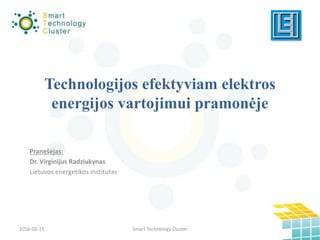Technologijos efektyviam elektros
energijos vartojimui pramonėje
Pranešėjas:
Dr. Virginijus Radziukynas
Lietuvos energetikos institutas
2016-02-25 Smart Technology Cluster
 