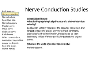 Basic Concepts
Nerve conduction
Normal values
Repetitive stim
Normal anatomy
Median nerve
Ulnar nerve
Peroneal nerve
Radial nerve
Other compressions
Anomalous innervation
Axonal vs. demyel.
Root and plexus
Cranial nerves
Nerve Conduction Studies
Conduction Velocity
What is the physiologic significance of a slow conduction
velocity?
Conduction velocity measures the speed of the fastest and
largest conducting axons. Slowing is most commonly
associated with demyelination, but can also be seen
secondary to loss of these particular fastest and largest
axons.
What are the units of conduction velocity?
Meters/second.
 