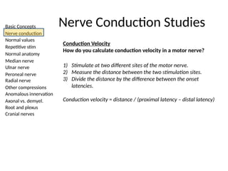Basic Concepts
Nerve conduction
Normal values
Repetitive stim
Normal anatomy
Median nerve
Ulnar nerve
Peroneal nerve
Radial nerve
Other compressions
Anomalous innervation
Axonal vs. demyel.
Root and plexus
Cranial nerves
Nerve Conduction Studies
Conduction Velocity
How do you calculate conduction velocity in a motor nerve?
1) Stimulate at two different sites of the motor nerve.
2) Measure the distance between the two stimulation sites.
3) Divide the distance by the difference between the onset
latencies.
Conduction velocity = distance / (proximal latency – distal latency)
 