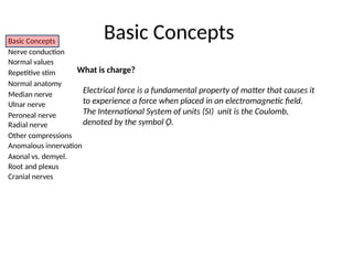 Basic Concepts
Nerve conduction
Normal values
Repetitive stim
Normal anatomy
Median nerve
Ulnar nerve
Peroneal nerve
Radial nerve
Other compressions
Anomalous innervation
Axonal vs. demyel.
Root and plexus
Cranial nerves
Basic Concepts
What is charge?
Electrical force is a fundamental property of matter that causes it
to experience a force when placed in an electromagnetic field.
The International System of units (SI) unit is the Coulomb,
denoted by the symbol Ǫ.
 