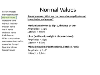 Basic Concepts
Nerve conduction
Normal values
Repetitive stim
Normal anatomy
Median nerve
Ulnar nerve
Peroneal nerve
Radial nerve
Other compressions
Anomalous innervation
Axonal vs. demyel.
Root and plexus
Cranial nerves
Normal Values
Sensory nerves: What are the normative amplitudes and
latencies for each nerve?
Ulnar (antidromic to digit 5, distance 14 cm):
Amplitude: > 11 µV
Latency: < 4.0 ms
Amplitude: > 10 µV
Latency: < 4.0 ms
Median midpalmar (orthodromic, distance 7 cm):
Amplitude: > 6 µV
Latency: < 2.3 ms
Median (antidromic to digit 2, distance 14 cm):
 