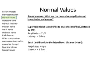 Basic Concepts
Nerve conduction
Normal values
Repetitive stim
Normal anatomy
Median nerve
Ulnar nerve
Peroneal nerve
Radial nerve
Other compressions
Anomalous innervation
Axonal vs. demyel.
Root and plexus
Cranial nerves
Normal Values
Sensory nerves: What are the normative amplitudes and
latencies for each nerve?
Superficial radial (antidromic to anatomic snuffbox, distance
10 cm):
Amplitude: > 7 µV
Latency: < 2.8 ms
Sural (antidromic to the lateral foot, distance 14 cm):
Amplitude: > 4 µV
Latency: < 4.5 ms
 