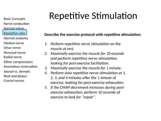 Basic Concepts
Nerve conduction
Normal values
Repetitive stim
Normal anatomy
Median nerve
Ulnar nerve
Peroneal nerve
Radial nerve
Other compressions
Anomalous innervation
Axonal vs. demyel.
Root and plexus
Cranial nerves
Repetitive Stimulation
Describe the exercise protocol with repetitive stimulation:
1. Perform repetitive nerve stimulation on the
muscle at rest.
2. Maximally exercise the muscle for 10 seconds
and perform repetitive nerve stimulation,
looking for post-exercise facilitation.
3. Maximally exercise the muscle for 1 minute.
4. Perform slow repetitive nerve stimulation at 1,
2, 3, and 4 minutes after the 1 minute of
exercise, looking for post-exercise exhaustion.
5. If the CMAP decrement increases during post-
exercise exhaustion, perform 10 seconds of
exercise to look for “repair”.
 