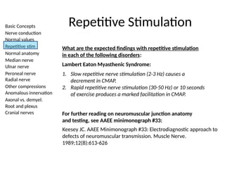 Basic Concepts
Nerve conduction
Normal values
Repetitive stim
Normal anatomy
Median nerve
Ulnar nerve
Peroneal nerve
Radial nerve
Other compressions
Anomalous innervation
Axonal vs. demyel.
Root and plexus
Cranial nerves
Repetitive Stimulation
What are the expected findings with repetitive stimulation
in each of the following disorders:
Lambert Eaton Myasthenic Syndrome:
1. Slow repetitive nerve stimulation (2-3 Hz) causes a
decrement in CMAP.
2. Rapid repetitive nerve stimulation (30-50 Hz) or 10 seconds
of exercise produces a marked facilitation in CMAP.
For further reading on neuromuscular junction anatomy
and testing, see AAEE minimonograph #33:
Keesey JC. AAEE Minimonograph #33: Electrodiagnostic approach to
defects of neuromuscular transmission. Muscle Nerve.
1989;12(8):613-626
 