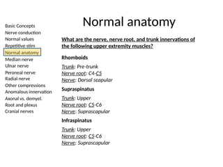 Basic Concepts
Nerve conduction
Normal values
Repetitive stim
Normal anatomy
Median nerve
Ulnar nerve
Peroneal nerve
Radial nerve
Other compressions
Anomalous innervation
Axonal vs. demyel.
Root and plexus
Cranial nerves
Normal anatomy
What are the nerve, nerve root, and trunk innervations of
the following upper extremity muscles?
Rhomboids
Trunk: Pre-trunk
Nerve root: C4-C5
Nerve: Dorsal scapular
Supraspinatus
Trunk: Upper
Nerve root: C5-C6
Nerve: Suprascapular
Infraspinatus
Trunk: Upper
Nerve root: C5-C6
Nerve: Suprascapular
 