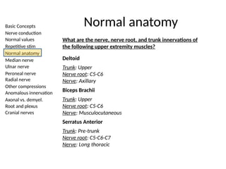 Basic Concepts
Nerve conduction
Normal values
Repetitive stim
Normal anatomy
Median nerve
Ulnar nerve
Peroneal nerve
Radial nerve
Other compressions
Anomalous innervation
Axonal vs. demyel.
Root and plexus
Cranial nerves
Normal anatomy
What are the nerve, nerve root, and trunk innervations of
the following upper extremity muscles?
Deltoid
Trunk: Upper
Nerve root: C5-C6
Nerve: Axillary
Biceps Brachii
Trunk: Upper
Nerve root: C5-C6
Nerve: Musculocutaneous
Serratus Anterior
Trunk: Pre-trunk
Nerve root: C5-C6-C7
Nerve: Long thoracic
 