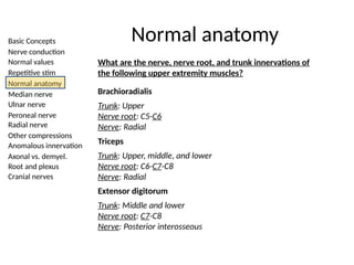 Basic Concepts
Nerve conduction
Normal values
Repetitive stim
Normal anatomy
Median nerve
Ulnar nerve
Peroneal nerve
Radial nerve
Other compressions
Anomalous innervation
Axonal vs. demyel.
Root and plexus
Cranial nerves
Normal anatomy
What are the nerve, nerve root, and trunk innervations of
the following upper extremity muscles?
Brachioradialis
Trunk: Upper
Nerve root: C5-C6
Nerve: Radial
Triceps
Trunk: Upper, middle, and lower
Nerve root: C6-C7-C8
Nerve: Radial
Extensor digitorum
Trunk: Middle and lower
Nerve root: C7-C8
Nerve: Posterior interosseous
 