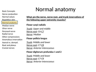 Basic Concepts
Nerve conduction
Normal values
Repetitive stim
Normal anatomy
Median nerve
Ulnar nerve
Peroneal nerve
Radial nerve
Other compressions
Anomalous innervation
Axonal vs. demyel.
Root and plexus
Cranial nerves
Normal anatomy
What are the nerve, nerve root, and trunk innervations of
the following upper extremity muscles?
Flexor carpi radialis
Trunk: Upper and middle
Nerve root: C6-C7
Nerve: Median
Flexor pollicis longus
Trunk: Middle and lower
Nerve root: C7-C8
Nerve: Anterior interosseous
Flexor digitorum profundus 1 and 2
Trunk: Middle and lower
Nerve root: C7-C8
Nerve: Anterior interosseous
 