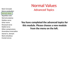 Basic Concepts
Nerve conduction
Normal values
Repetitive stim
Normal anatomy
Median nerve
Ulnar nerve
Peroneal nerve
Radial nerve
Other compressions
Anomalous innervation
Axonal vs. demyel.
Root and plexus
Cranial nerves
Normal Values
Advanced Topics
You have completed the advanced topics for
this module. Please choose a new module
from the menu on the left.
 