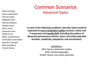 Basic Concepts
Nerve conduction
Normal values
Repetitive stim
Normal anatomy
Median nerve
Ulnar nerve
Peroneal nerve
Radial nerve
Other compressions
Anomalous innervation
Axonal vs. demyel.
Root and plexus
Cranial nerves
Common Scenarios
Advanced Topics
In each of the following conditions, describe what would be
expected on nerve conduction studies (sensory, motor and
F-responses) and needle EMG (including the pattern of
abnormal spontaneous activity, motor unit action potential
duration, amplitude, polyphasia, and recruitment).
Definitions:
NCS: Nerve conduction studies
EMG: Electromyography
MUAP: Motor unit action potential
 