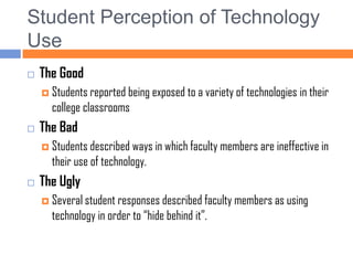 Student Perception of Technology UseThe GoodStudents reported being exposed to a variety of technologies in their college classroomsThe BadStudents described ways in which faculty members are ineffective in their use of technology.The UglySeveral student responses described faculty members as using technology in order to “hide behind it”.