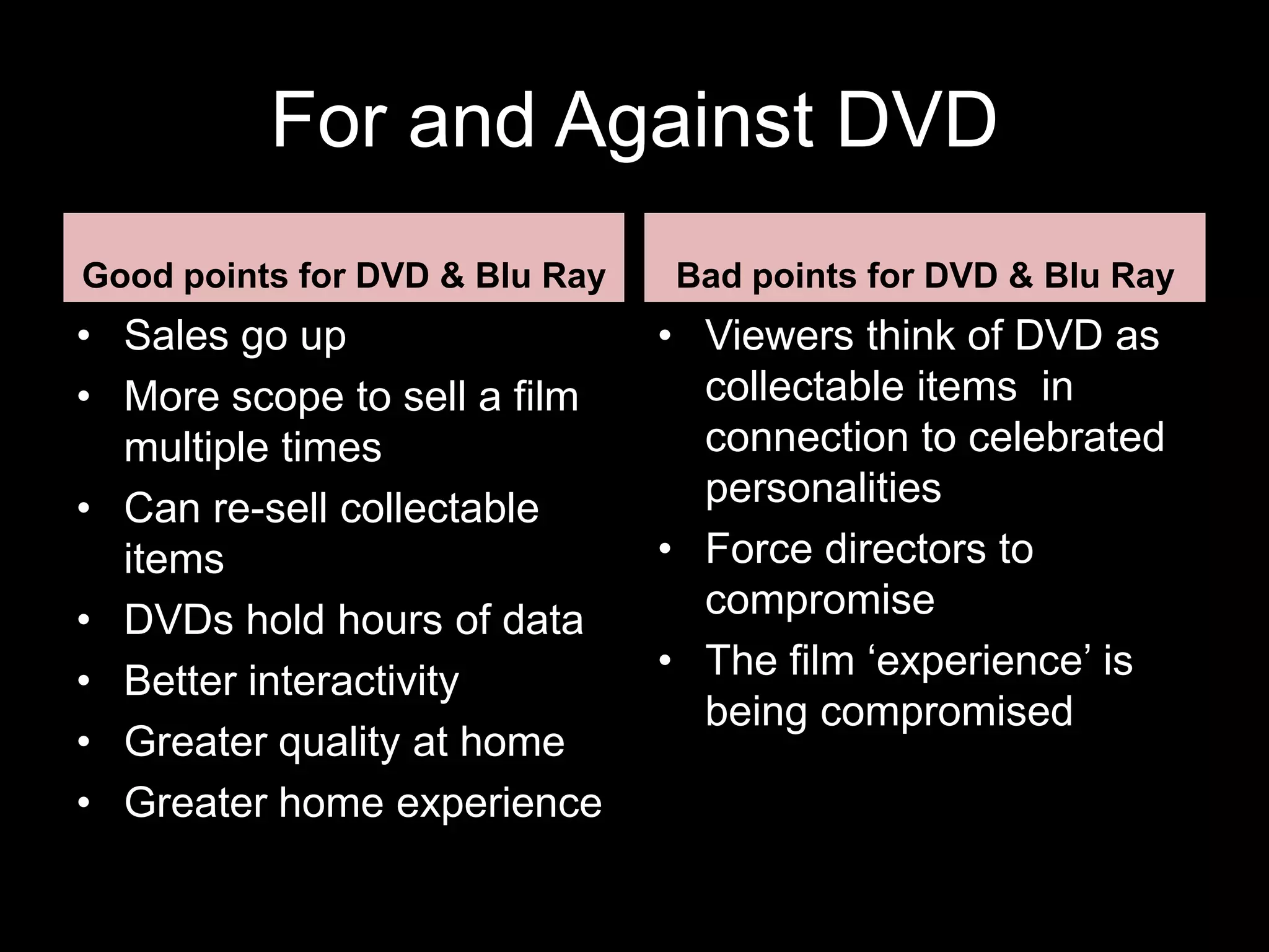 For and Against DVD
Good points for DVD & Blu Ray   Bad points for DVD & Blu Ray
• Sales go up                   • Viewers think of DVD as
• More scope to sell a film       collectable items in
  multiple times                  connection to celebrated
• Can re-sell collectable         personalities
  items                         • Force directors to
• DVDs hold hours of data         compromise
• Better interactivity          • The film ‘experience’ is
                                  being compromised
• Greater quality at home
• Greater home experience
 