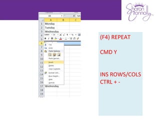 (F4) REPEAT

CMD Y


INS ROWS/COLS
CTRL + -
 