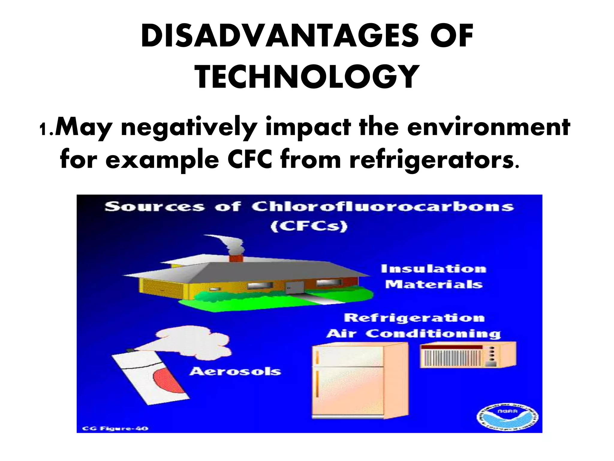 DISADVANTAGES OF
TECHNOLOGY
1.May negatively impact the environment
for example CFC from refrigerators.
 