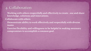  Working with others respectfully and effectively to create , use and share
knowledge, solutions and innovations.
Collaborate with others
 Demonstrate ability to work effectively and respectfully with diverse
teams
 Exercise flexibility and willingness to be helpful in making necessary
compromises to accomplish a common goal.
 