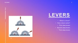 LEVERS
• What is a lever?
• How a lever works?
• First class levers
• Second class levers
• Third class levers
9/3/20XX
PRESENTATION
TITLE
2
 