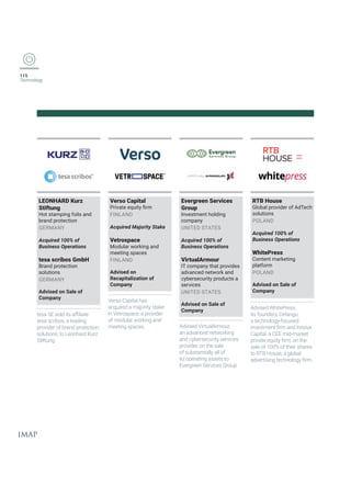 115
Technology
Verso Capital
4VMZEXIIUYMX]ƤVQ
FINLAND
Acquired Majority Stake
Vetrospace
Modular working and
meeting spaces
FINLAND
Advised on
Recapitalization of
Company
Verso Capital has
acquired a majority stake
in Vetrospace, a provider
of modular working and
meeting spaces.
Evergreen Services
Group
Investment holding
company
UNITED STATES
Acquired 100% of
Business Operations
VirtualArmour
IT company that provides
advanced network and
cybersecurity products a
services
UNITED STATES
Advised on Sale of
Company
Advised VirtualArmour,
an advanced networking
and cybersecurity services
provider, on the sale
of substantially all of
its operating assets to
)ZIVKVIIR7IVZMGIW+VSYT
RTB House
Global provider of AdTech
solutions
POLAND
Acquired 100% of
Business Operations
WhitePress
Content marketing
platform
POLAND
Advised on Sale of
Company
Advised WhitePress,
its founders, Dirlango,
a technology-focused
MRZIWXQIRXƤVQERH-RRSZE
Capital, a CEE mid-market
TVMZEXIIUYMX]ƤVQSRXLI
sale of 100% of their shares
to RTB House, a global
EHZIVXMWMRKXIGLRSPSK]ƤVQ
LEONHARD Kurz
Stiftung
Hot stamping foils and
brand protection
GERMANY
Acquired 100% of
Business Operations
tesa scribos GmbH
Brand protection
solutions
GERMANY
Advised on Sale of
Company
XIWE7)WSPHMXWEJƤPMEXI
tesa scribos, a leading
provider of brand protection
solutions, to Leonhard Kurz
Stiftung.
 