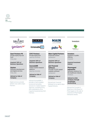 104
Technology
Saari Partners PE
Private equity buy-out
fund
FINLAND
Acquired 100% of
Business Operations
Geniem
Software development
and digital services
FINLAND
Advised on Sale of
Company
Digital services provider
+IRMIQ[EWWSPHXS7EEVM
Partners.
CIVC Partners
4VMZEXIIUYMX]ƤVQ
UNITED STATES
Acquired 100% of
Business Operations
InnovateMR
Online market research
platform
UNITED STATES
Advised on Sale of
Company
Advised InnovateMR, a
provider of tech-enabled
survey and sampling
services to market research
EKIRGMIWGSRWYPXMRKƤVQW
and corporations on its
majority investment by CIVC
Partners.
Main Capital Partners
Financial investor
GERMANY
Acquired 100% of
Business Operations
pdv Financial
Software
Provider of E2E capital
markets software
GERMANY
Advised on Sale of
Company
Advised pdv Financial
Software on its sale to Main
Capital Partners.
Investors
Investors in public
offering
FRANCE
Acquired Investment
Interest
Pharmagest
Interactive
Software solutions for
the healthcare industry
FRANCE
Advised on Sale
of Shares Through
Accelerated
Bookbuilding
Advised the Founder 
Chairman of the Board of
Pharmagest on the sale of
a tranche of Pharmagest
Interactive shares.
Investors
 