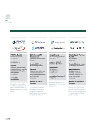 105
Technology
PINOVA Capital
4VMZEXIIUYMX]ƤVQ
GERMANY
Participated in
Raynet
Software specialist and
managed service provider
in application lifecycle
management
GERMANY
Advised the
Shareholders
Advised the shareholders
of software specialist and
service provider Raynet on
the participation of PINOVA
Capital.
DL Software (TA
Associates)
ERP software specialist
FRANCE
Acquired 100% of
Business Operations
Sephira
Autonomous billing and
remote transmission
solutions for healthcare
professionals
FRANCE
Advised on Sale of
Company
Advised the shareholder
of Sephira, a provider of
software solutions for
healthcare professionals, on
its sale to DL Software.
Grupa Pracuj
HR technology platform
POLAND
Acquired 100% of
Business Operations
softgarden
HR software
management
GERMANY
Advised on Purchase of
Company
%HZMWIH+VYTE4VEGYNSR
EGUYMWMXMSRSJ,6XIGLƤVQ
softgarden.
Adelis Equity Partners
Fund II
Buy-out fund
SWEDEN
Acquired Majority Control
of Business Operations
Valamis Group
Global provider of
learning experience
platform software for
large enterprises
FINLAND
Advised on Purchase of
Company
:EPEQMW+VSYTERE[EVH
winning learning experience
platform (LXP) provider, sold
a majority stake to Adelis
Equity Partners.
 