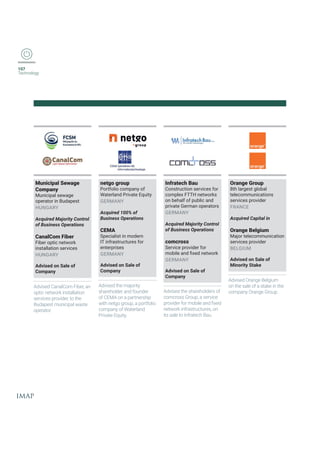 107
Technology
Municipal Sewage
Company
Municipal sewage
operator in Budapest
HUNGARY
Acquired Majority Control
of Business Operations
CanalCom Fiber
Fiber optic network
installation services
HUNGARY
Advised on Sale of
Company
Advised CanalCom Fiber, an
optic network installation
services provider, to the
Budapest municipal waste
operator.
netgo group
Portfolio company of
Waterland Private Equity
GERMANY
Acquired 100% of
Business Operations
CEMA
Specialist in modern
IT infrastructures for
enterprises
GERMANY
Advised on Sale of
Company
Advised the majority
shareholder and founder
of CEMA on a partnership
with netgo group, a portfolio
company of Waterland
Private Equity.
Infratech Bau
Construction services for
complex FTTH networks
on behalf of public and
private German operators
GERMANY
Acquired Majority Control
of Business Operations
comcross
Service provider for
QSFMPIERHƤIHRIX[SVO
GERMANY
Advised on Sale of
Company
Advised the shareholders of
GSQGVSWW+VSYTEWIVZMGI
TVSZMHIVJSVQSFMPIERHƤIH
network infrastructures, on
its sale to Infratech Bau.
Orange Group
8th largest global
telecommunications
services provider
FRANCE
Acquired Capital in
Orange Belgium
Major telecommunication
services provider
BELGIUM
Advised on Sale of
Minority Stake
Advised Orange Belgium
on the sale of a stake in the
GSQTER]3VERKI+VSYT
 