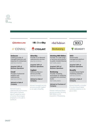110
Technology
GoSecure
Leading provider of
managed detection and
response for enterprises
UNITED STATES
Acquired 100% of
Business Operations
Covail
Provider of advanced
analytics and
cybersecurity
UNITED STATES
Advised on Sale of
Company
Advised Covail, a
cybersecurity and business
optimization software
spinoff created by seven
of Central Ohio’s largest
employers, on its sale to
+S7IGYVI
SilverSky
Provider of on-demand
cybersecurity services
UNITED STATES
Acquired 100% of
Business Operations
Cygilant
Cybersecurity-as-a-
service provider
UNITED STATES
Advised on Sale of
Company
Advised managed security
services provider Cygilant
on its sale to SilverSky.
Stichting NBD Biblion
Provider of a wide range
of services and products
to public (media) libraries
NETHERLANDS
Acquired 100% of
Business Operations
Bookarang
Provider of leading
technology for analyzing,
metadata and unlocking
books
NETHERLANDS
Advised on Purchase of
Company
Advised media and library
services provider Stichting
NBD Biblion on the
acquisition of Bookarang.
SOCi
Social media
management platform
UNITED STATES
Acquired 100% of
Business Operations
Brandify
Location-based digital
marketing solutions
UNITED STATES
Advised on Sale of
Company
Advised Brandify, a provider
of location-based digital
marketing solutions, on its
sale to SOCi.
 