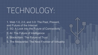 TECHNOLOGY:
1. Web 1.0, 2.0, and 3.0: The Past, Present,
and Future of the Internet
2. 5G: A Look into the Future of Connectivity
3. AI: The Future of Intelligence
4. Blockchain: The Future of Trust
5. The Metaverse: The Next Frontier of Virtuality
 