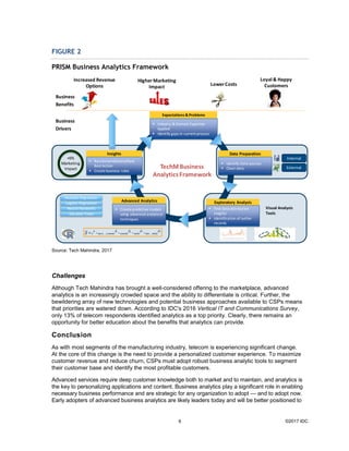 ©2017 IDC6
FIGURE 2
PRISM Business Analytics Framework
Source: Tech Mahindra, 2017
Challenges
Although Tech Mahindra has brought a well-considered offering to the marketplace, advanced
analytics is an increasingly crowded space and the ability to differentiate is critical. Further, the
bewildering array of new technologies and potential business approaches available to CSPs means
that priorities are watered down. According to IDC's 2016 Vertical IT and Communications Survey,
only 13% of telecom respondents identified analytics as a top priority. Clearly, there remains an
opportunity for better education about the benefits that analytics can provide.
Conclusion
As with most segments of the manufacturing industry, telecom is experiencing significant change.
At the core of this change is the need to provide a personalized customer experience. To maximize
customer revenue and reduce churn, CSPs must adopt robust business analytic tools to segment
their customer base and identify the most profitable customers.
Advanced services require deep customer knowledge both to market and to maintain, and analytics is
the key to personalizing applications and content. Business analytics play a significant role in enabling
necessary business performance and are strategic for any organization to adopt — and to adopt now.
Early adopters of advanced business analytics are likely leaders today and will be better positioned to
TechMBusiness
AnalyticsFramework
 Industry & Domain Expertise
Applied
 Identify gaps in current process
Expectations & Problems
Data Preparation
Exploratory AnalysisAdvanced Analytics
Insights
 Identify Data sources
 Clean data
 Find data distribution
insights
 Identification of outlier
records
 Createpredictive models
using advanced analytical
techniques
 Recommendations/Next
Best Action
 Createbusiness rules
Multiple Regression
Logistic Regression
Neural Networks
Decision Trees
4321
_***_*

mediahalomediaseasonaleconomicmacroeS 
Internal
External
+6%
Marketing
Impact
Business
Benefits
HigherMarketing
Impact LowerCosts
Increased Revenue
Options
Loyal& Happy
Customers
Visual Analysis
Tools
Business
Drivers
 
