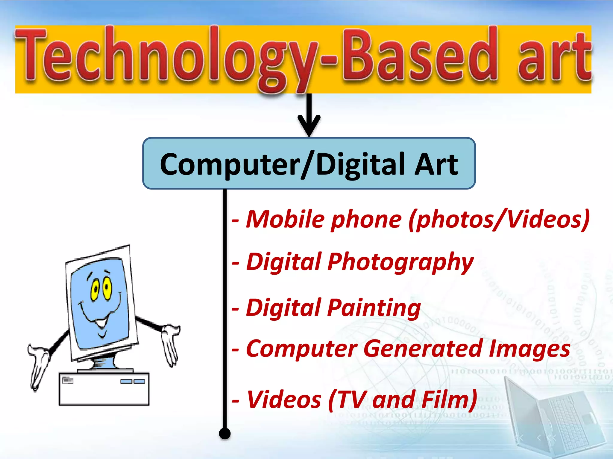Computer/Digital Art
- Mobile phone (photos/Videos)
- Digital Photography
- Digital Painting
- Computer Generated Images
- Videos (TV and Film)
 