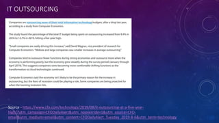 IT OUTSOURCING
Source - https://www.cfo.com/technology/2019/08/it-outsourcing-at-a-five-year-
high/?utm_campaign=CFODailyAlert&utm_nooverride=1&utm_source=CFO-
email&utm_medium=email&utm_content=CFODailyAlert_Tuesday_2019-8-6&utm_term=technology
 