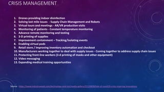 CRISIS MANAGEMENT
Source - https://www.industryweek.com/technology-and-iiot/media-gallery/21126839/tale-of-covid19-crisis-inspiring-innovations
1. Drones providing indoor disinfection
2. Solving last mile issues - Supply Chain Management and Robots
3. Virtual tours and meetings - AR/VR production visits
4. Monitoring of patients - Constant temperature monitoring
5. Advance remote monitoring and testing
6. 3-D printing of supplies
7. Improvement containment – Tracking/isolating events
8. Enabling virtual pods
9. Retail store / Improving inventory automation and checkout
10. Manufacturers working together to deal with supply issues - Coming together to address supply chain issues
11. Protecting front-line workers (3-d printing of masks and other equipment)
12. Video messaging
13. Expanding medical training opportunities
 