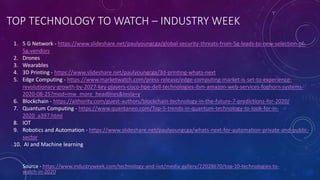 TOP TECHNOLOGY TO WATCH – INDUSTRY WEEK
Source - https://www.industryweek.com/technology-and-iiot/media-gallery/22028670/top-10-technologies-to-
watch-in-2020
1. 5 G Network - https://www.slideshare.net/paulyoungcga/global-security-threats-from-5g-leads-to-new-selection-of-
5g-vendors
2. Drones
3. Wearables
4. 3D Printing - https://www.slideshare.net/paulyoungcga/3d-printing-whats-next
5. Edge Computing - https://www.marketwatch.com/press-release/edge-computing-market-is-set-to-experience-
revolutionary-growth-by-2027-key-players-cisco-hpe-dell-technologies-ibm-amazon-web-services-foghorn-systems-
2020-08-25?mod=mw_more_headlines&tesla=y
6. Blockchain - https://aithority.com/guest-authors/blockchain-technology-in-the-future-7-predictions-for-2020/
7. Quantum Computing - https://www.quantaneo.com/Top-5-trends-in-quantum-technology-to-look-for-in-
2020_a397.html
8. IOT
9. Robotics and Automation - https://www.slideshare.net/paulyoungcga/whats-next-for-automation-private-and-public-
sector
10. AI and Machine learning
 