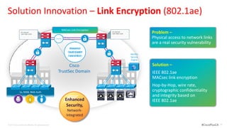 Solution Innovation – Link Encryption (802.1ae)
                                                                  MACsec Link Encryption
                 cts manual
                  SAP PMK 1234
                                                                                           cts manual
                                                                                            SAP PMK 1234              Problem –
                                                           Password
                                                           11011011                                                   Physical access to network links
                                                                                                                      are a real security vulnerability
                                                                         01001011
                                                                         Password
                                                                       Credit Card #
                                                                        011010100
                                                                                                           Identity
                                                                       Date of Birth
                                                                        11011011                           Service
                                                                                                            Engine

                                                                    Cisco                                             Solution –
                                                              TrustSec Domain                                         IEEE 802.1ae
                                                                                                                      MACsec link encryption
                                                                                                                      Hop-by-Hop, wire rate,
               1x, MAB, Web Auth                                                                                      cryptographic confidentiality
                                                                                                                      and integrity based on
                                                                      Enhanced                                        IEEE 802.1ae
                                                                       Security,
                                                                       Network-
                                                                      Integrated

© 2012 Cisco and/or its affiliates. All rights reserved.                                                                                         #CiscoPlusCA   28
 