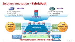 Solution Innovation – FabricPath
                                                           Switching                                                                                Routing
                    Easy Configuration                                                                                          Multi-pathing (ECMP)
                    Plug & Play                                                                                                 Fast Convergence
                    Provisioning Flexibility                                                                                    Highly Scalable
                                                                                            FabricPath

                                                                                  S10       S20          S30       S40
                             Switch ID space:
                    Extended Routing                                                                                                   S400: FabricPath Limits
                               decisions are
                     Layer 2 made based on                  “FabricPath brings Layer 3 routing benefits
                                                                              FabricPath
                                                                                                                                                   Spanning Tree
                                                                                                                                        Routing Table
                    Reach and the FabricPath                                                                                                                    Scope and
                      Scale    routing table               to flexible Layer 2 bridged Ethernet networks”
                                                                            L1 L2 L3
                                                                                             AB          S100  400
                                                                                                                                       Switch
                                                                                                                                         …           …
                                                                                                                                                      IF

                                                                                                                                                                  Impact
                                                                                   L4                                                  S100     L1, L2, L3, L4


                                                                 S100              S200           S300                   S400

                                                                            1/1                                                           S400: CE MAC
                                          MAC address space:                                                               1/2
                                          Switching based on
                                                                                          Classical Ethernet (CE)                         Address Table
                                                                        A                                                        BB
                                          MAC address tables                                                                             MAC               IF
                                                                                                                                          B            1/2


© 2012 Cisco and/or its affiliates. All rights reserved.
                                                              ROUTING SCALABILITY, SWITCHING SIMPLICITY                                   …
                                                                                                                                          A            …
                                                                                                                                                      S100
                                                                                                                                                                            #CiscoPlusCA   30
 