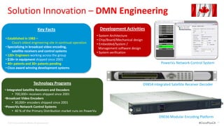 Solution Innovation – DMN Engineering
                                          Key Facts                 Development Activities
                                                                  • System Architecture
• Established in 1983 –                                           • Chip/Board/Mechanical design
     Cisco’s oldest engineering site in continual operation       • Embedded/System /
• Specializing in broadcast video encoding,                        Management software design
     satellite receivers and control systems                      • System verification
• 120+ Engineers working across the group
• $1B+ in equipment shipped since 2001
• 40+ patents and 30+ patents pending                                                                         PowerVu Network Control System
• Cisco award winning development systems



                                     Technology Programs                                           D9854 Integrated Satellite Receiver Decoder
• Integrated Satellite Receivers and Decoders
      • 700,000+ receivers shipped since 2001
•Broadcast Video Encoders
      • 30,000+ encoders shipped since 2001
•PowerVu Network Control Systems
      • 40 % of the Primary Distribution market runs on PowerVu
                                                                                                            D9036 Modular Encoding Platform
  © 2012 Cisco and/or its affiliates. All rights reserved.                                                                           #CiscoPlusCA   39
 