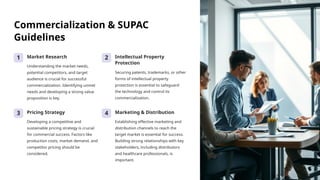Commercialization & SUPAC
Guidelines
1 Market Research
Understanding the market needs,
potential competitors, and target
audience is crucial for successful
commercialization. Identifying unmet
needs and developing a strong value
proposition is key.
2 Intellectual Property
Protection
Securing patents, trademarks, or other
forms of intellectual property
protection is essential to safeguard
the technology and control its
commercialization.
3 Pricing Strategy
Developing a competitive and
sustainable pricing strategy is crucial
for commercial success. Factors like
production costs, market demand, and
competitor pricing should be
considered.
4 Marketing & Distribution
Establishing effective marketing and
distribution channels to reach the
target market is essential for success.
Building strong relationships with key
stakeholders, including distributors
and healthcare professionals, is
important.
 