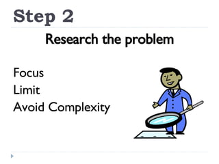 Step 2 Research the problem Focus Limit Avoid Complexity 