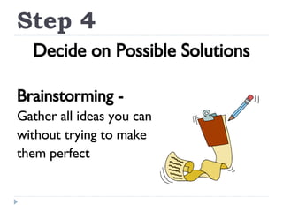 Step 4 Decide on Possible Solutions Brainstorming - Gather all ideas you can without trying to make them perfect 